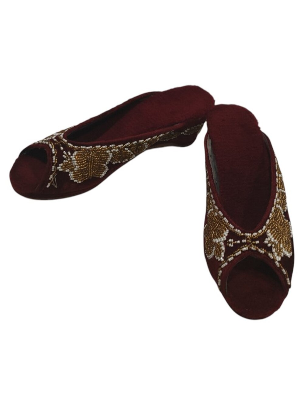 Retro/Vintage 70s Maroon Velvet Butterfly Beaded Gold White Wedge Slippers US 5